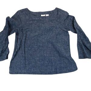 Sigrid Olsen Womens 100% Linen Blouse Small Blue Long Sleeves Casual Boat Neck
